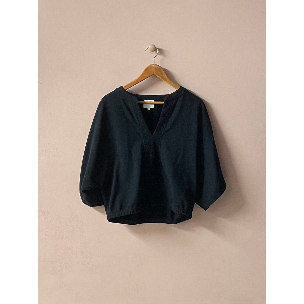 Sundays Black Smocked V-Neck Boxy Fit Wide Half-Sleeve Sweater Top Size M